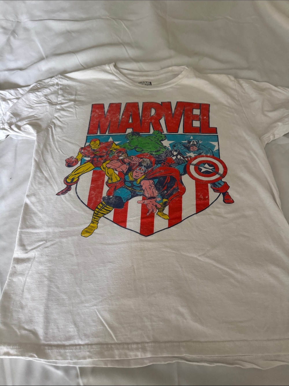 Marvel White Short Sleeve Tee with Classic Comic Heroes